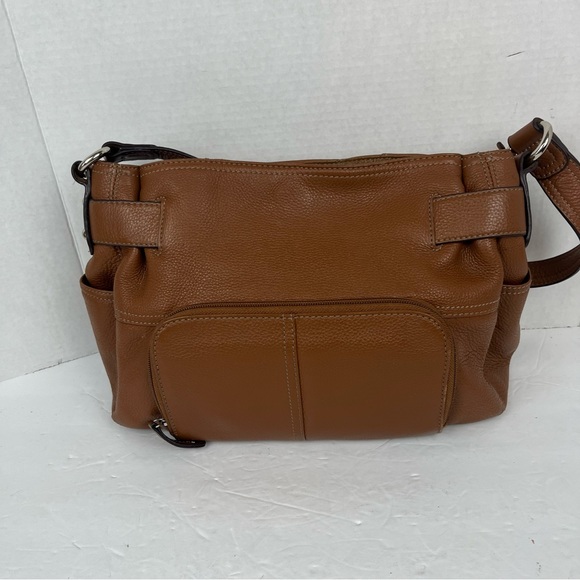 Tignanello brown leather shoulder bag with cinch belted top/multi-compartments - Picture 15 of 16